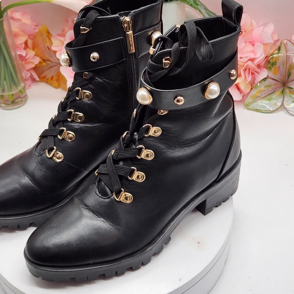 Karl Lagerfeld Lace-up Combat Boots Gold & Pearl Studded Sz 9.5M - Picture 13 of 15